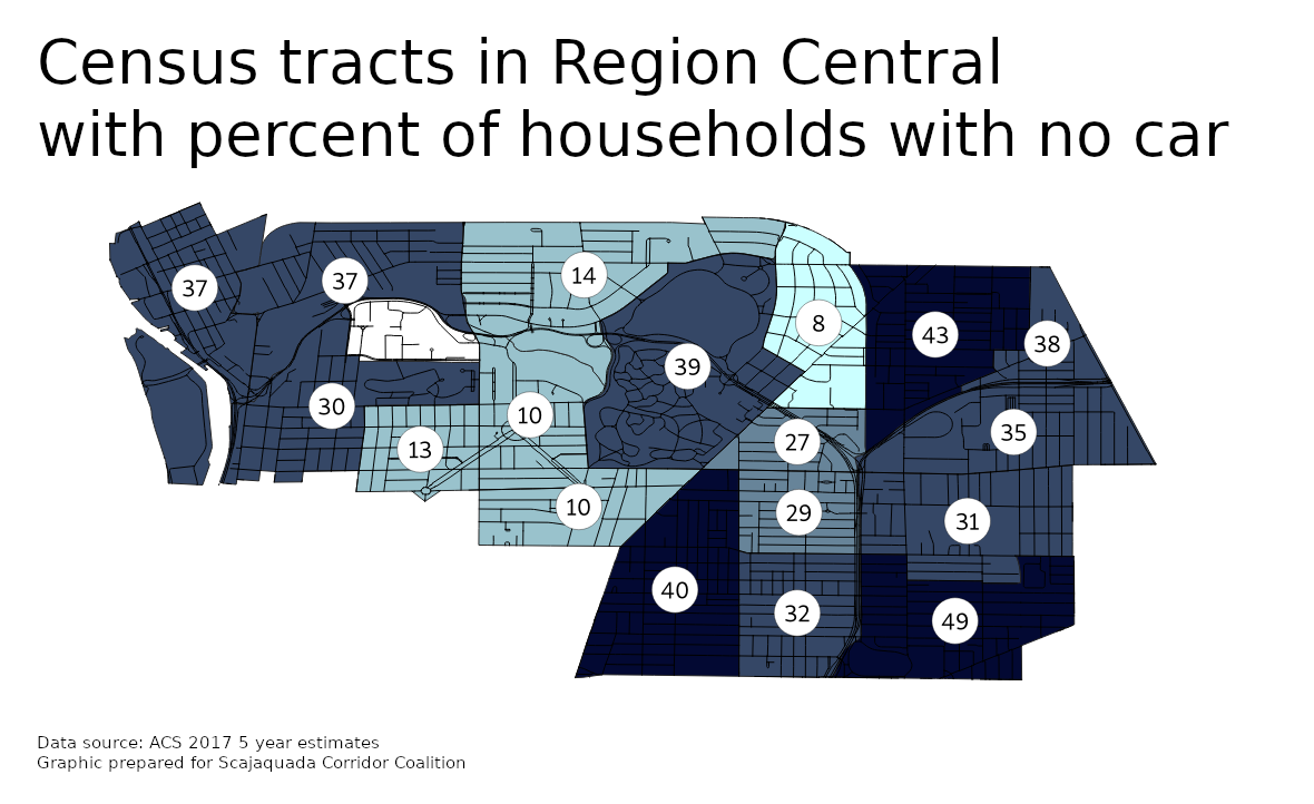 Map of census tracts in Region Central indicating percentage of households without a car